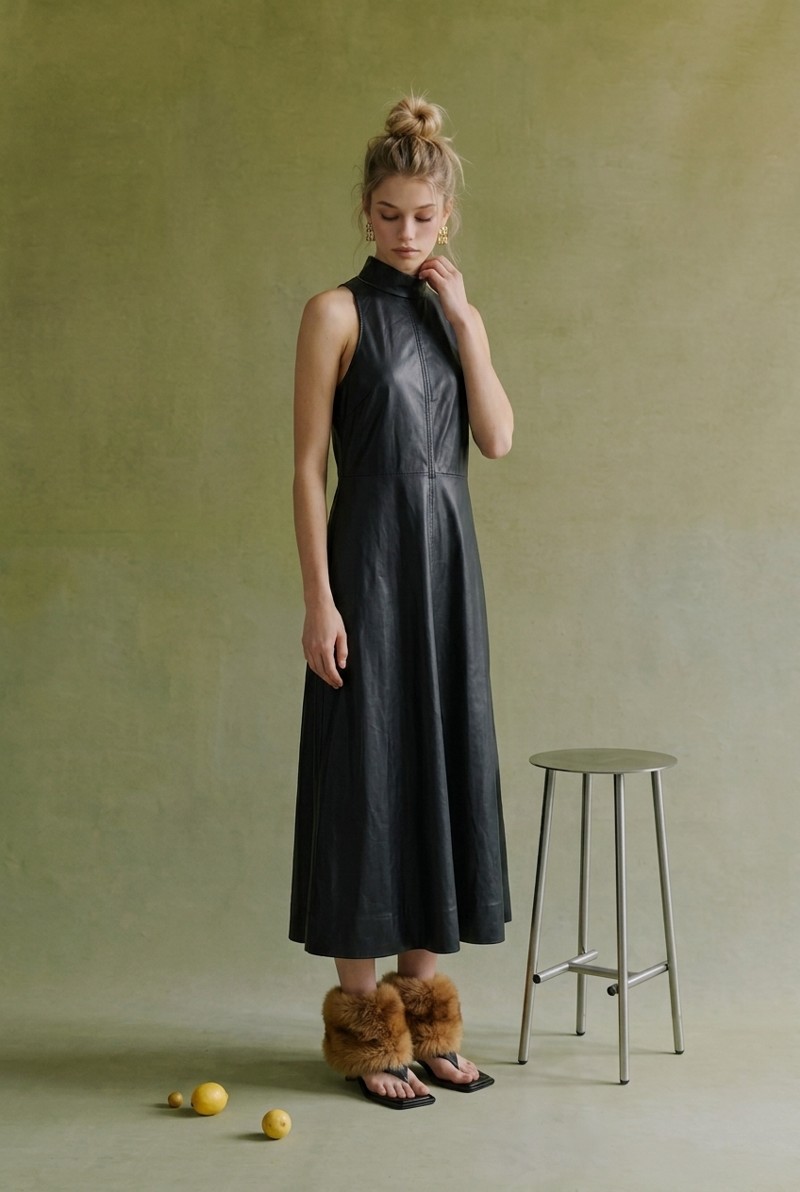 Model in a black sleeveless dress
