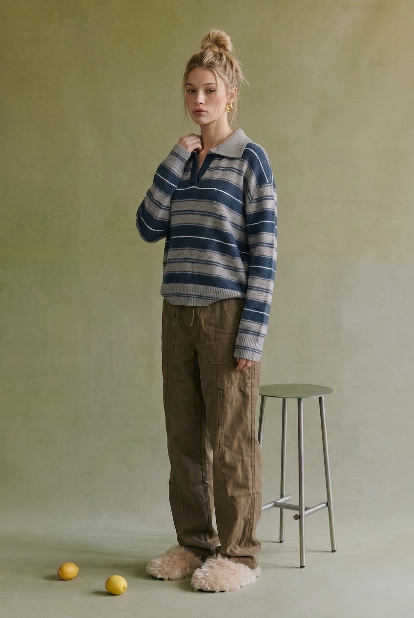 Model in a striped knit top and olive pants